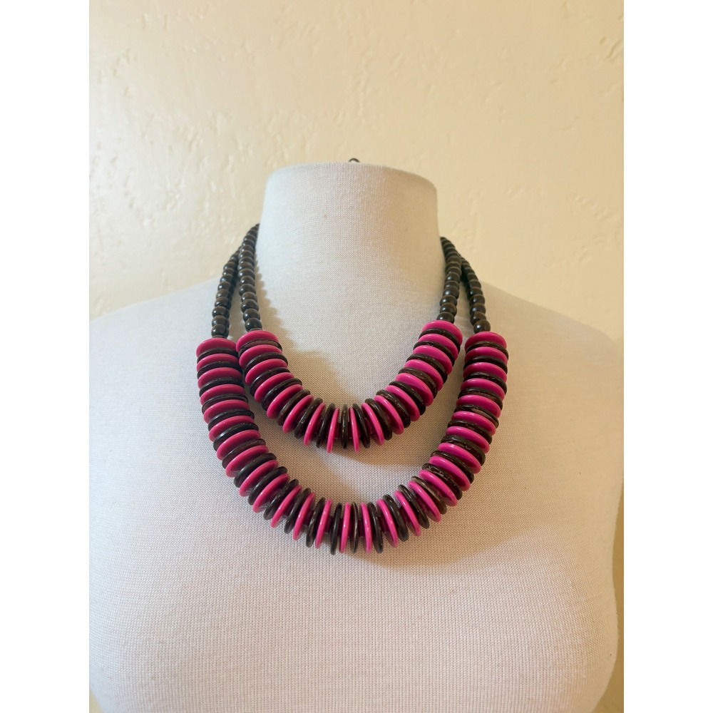 Pink Brown Wood Bead Double Strand Necklace and Disc Earring Set Boho Tropical‎
